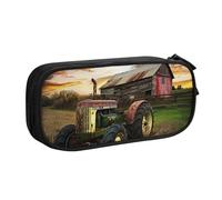 JKSEEPYN Old Tractor Trousse à crayons avec imprimé photo de ferme noire, organiseur de maquillage double couche avec emplacements pour stylos et poches pour le bureau, les voyages ou l'école, Noir ,