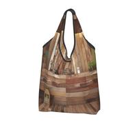 JKSEEPYN Sacs à provisions pliables réutilisables lavables à l'épaule avec motif de fleurs de montagne, coucher de soleil, Étable en bois, Taille unique