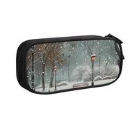 JKSEEPYN Snow Falling in The Park Trousse à crayons imprimée noire pour maquillage, double couche avec emplacements pour stylos et poches pour le bureau, les voyages ou l'école, Noir , Taille unique,