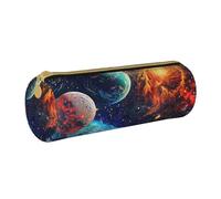 JKSEEPYN Sun Old Trousse à crayons en cuir avec imprimé grâce égyptienne intemporelle pour étudiants, filles, garçons, trousse de maquillage ronde pour l'école, le bureau, les voyages, Planètes