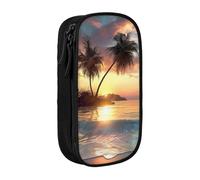 JKSEEPYN Sunrise - Trousse à crayons double couche avec imprimé île tropicale de palmiers, noir, grande capacité, jolie trousse à crayons pour l'école, le bureau, les voyages ou le maquillage, Noir ,