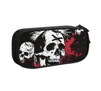 JKSEEPYN Trousse à crayons blanche avec motif tête de mort punk, trousse noire à double couche avec fermeture éclair avec emplacements pour stylos et poches pour le bureau, les voyages ou l'école,