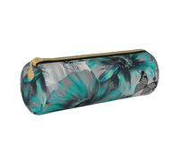 JKSEEPYN Trousse à crayons d'intérieur en cuir imprimé basket-ball pour étudiants, filles, garçons, trousse de maquillage ronde pour l'école, le bureau, les voyages, Gris sarcelle Fleur Papillon