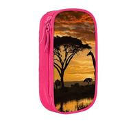 JKSEEPYN Trousse à crayons double couche avec imprimé girafe et arbres au crépuscule en Afrique - Noir - Grande capacité - Pour l'école, le bureau, les voyages ou le maquillage, rose, Taille unique,