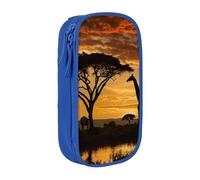 JKSEEPYN Trousse à crayons double couche avec imprimé girafe et arbres au crépuscule en Afrique - Noir - Grande capacité - Pour l'école, le bureau, les voyages ou le maquillage, bleu, Taille unique,