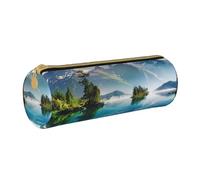 JKSEEPYN Trousse à crayons en cuir imprimé amérindien pour étudiants, filles, garçons, trousse de maquillage ronde pour l'école, le bureau, les voyages, Montagne sur un lac ensoleillé Nature, Taille