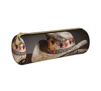 JKSEEPYN Trousse à crayons en cuir imprimé beignets colorés pour étudiants, filles, garçons, trousse de maquillage ronde pour l'école, le bureau, les voyages, American West Rodeo Chapeau, Taille