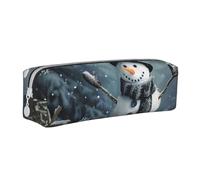 JKSEEPYN Trousse à crayons en cuir imprimé bonhomme de neige joyeux de Noël pour étudiants, filles, garçons, trousse de maquillage simple pour l'école, le bureau, les voyages, blanc, Taille unique