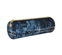 JKSEEPYN Trousse à crayons en cuir imprimé chapeau et bottes de cowboy pour étudiants, filles, garçons, trousse de maquillage ronde pour l'école, le bureau, les voyages, Chicago Reflected, Taille
