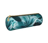 JKSEEPYN Trousse à crayons en cuir imprimé nain traditionnel de Noël pour étudiants, filles, garçons, trousse de maquillage ronde pour l'école, le bureau, les voyages, Lys bleu sarcelle, Taille unique