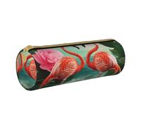 JKSEEPYN Trousse à crayons en cuir imprimé nain traditionnel de Noël pour étudiants, filles, garçons, trousse de maquillage ronde pour l'école, le bureau, les voyages, Deux flamants roses., Taille