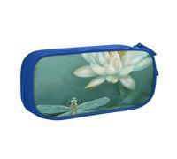 JKSEEPYN Trousse à crayons noire avec motif libellule avec imprimé nénuphar, trousse de maquillage double couche avec emplacements pour stylos et poches pour le bureau, les voyages ou l'école, bleu,