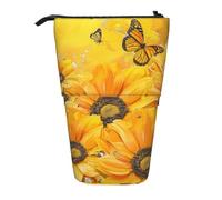 JKSEEPYN Trousse à crayons télescopique, composition en rouge, jaune, bleu et noir, joli organisateur de crayons, trousse portable pour l'école, le bureau, les voyages, Fleurs jaunes et papillons