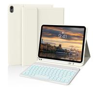 JKSML Étui portefeuille avec clavier rétroéclairé amovible sans fil pour iPad 11/10e génération 11" A16 2025 10{^>e<^} génération 10,9" 2022 - Fin et léger avec porte-crayon (blanc crème)