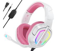 JKUM-Fc200 Casque Gaming Pour Ps5,Ps4,Pc,Xbox,Nintendo Switch,Casque Ps5 Avec Câble Et Lumière Rgb,Casque Stéréo Surround Avec Micro,Noise Cancelling Gamer Headphones-Blanc Rose