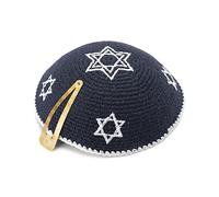 JL Kippah Juif Israël en coton tricoté Bleu nuit Noir Multi Argent Étoile de David, bleu nuit, 85