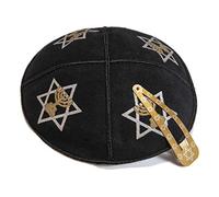 JL Kippha's 16cm Cuir Juif Noir Kipa Kippa Yarmulke Synagogue Etoile de David, Noir , 16 cm