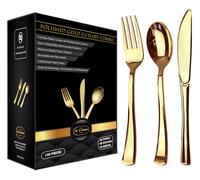 JL Prime 120 Ensemble d'argenterie en plastique doré, ensemble de couverts en réutilisables plastique doré, couverts en or, 40 fourchettes, 40 cuillères, 40 couteaux