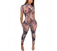 JLDZEBD Combinaison à manches courtes d'impression en maille à col rond pour femmes Sexy Voir à travers le dos nu Combishorts Fit Midnight Club Workout Overalls,Violet,S