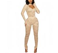 JLDZEBD Femmes Sexy Floral Dentelle Combinaison Moulante Skinny Combi-short Découpé Mesh Tenues Combishort,Beige,M