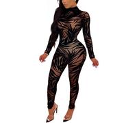 JLDZEBD Femmes Sexy See Through Bodycon Jumpsuit - Une Pièce À Manches Longues Tenues Sheer Mesh Clubwear Jumpsuit Rompers Noir,Noir,S