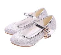 JLHu Fille Bout Fermé Chaussures de Princesse Elsa Cendrillon Aurora Talon Haut Chaussures pour Déguisement Enfant Anniversaire Carnaval Noël Soirée Mariage Sandales Antidérapante,Argenté,30