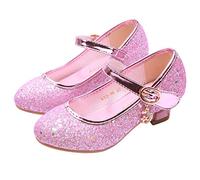 JLHu Fille Bout Fermé Chaussures de Princesse Elsa Cendrillon Aurora Talon Haut Chaussures pour Déguisement Enfant Anniversaire Carnaval Noël Soirée Mariage Sandales Antidérapante,Rose,29