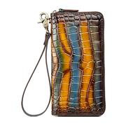 JLISENYIG Portefeuille fait à la main en cuir de vache imprimé crocodile pour femme vintage multicolore avec dragonne et fermeture éclair autour du sac à main pour téléphone portable couche de tête en