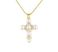 JLKJNCXZC Clear Crystal Cross Necklaces for Women Copper White Pearl Pendant Religious Catholic Accessories Gift