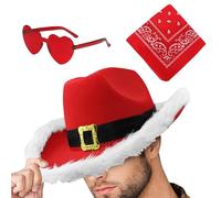 Jlobnyiun Ensemble de chapeaux de cowboy de Noël, chapeau de cowboy de Noël,Chapeaux occidentaux de fête | 3X chapeau de cow-girl, lunettes Bandana Vintage en forme de cœur, de fête de noël