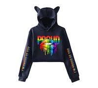 JLTPH Femme Sweat-Shirt à Capuche LGBT Gay Pride Crop Top Rainbow Love is Love Proud Imprimé et Oreille de Chat Sweat à Capuche Blouse Tops