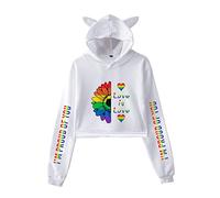 JLTPH Femme Sweat-Shirt à Capuche LGBT Gay Pride Crop Top Rainbow Love is Love Proud Imprimé et Oreille de Chat Sweat à Capuche Blouse Tops