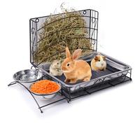 JLUHYANN Mangeoire à foin pour lapin avec bac à litière 3 en 1 - En métal - Sans désordre - Support à foin - Avec distributeur d'eau - 2 bols pour cochon d'Inde, lapin, chinchillas