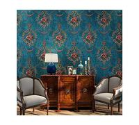 JLWM Papier Peint Style Baroque Intissé, Papier Mural non-tissé relief 3d Vintage Rétro Américain Pastorale Européen Luxueux-bleu-0.53x10m