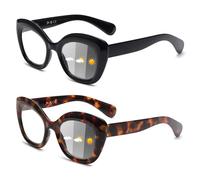JM 2 Paires de Lunette Loupe Photochromiques pour Femme, Yeux de Chat Lunette Anti Lumiere Bleue Charnière à Ressort, Noir & Tortue