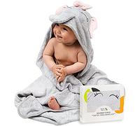 JM Cape de Bain Bébé Ultra Doux 100% Bambou Biologique 90 x 90 Cm - Cadeau Naissance Fille Parfait, Hypoallergénique, Sortie de Bain Bébé avec Coffret Cadeau et Gant de Toilette, Épais et Absorbant