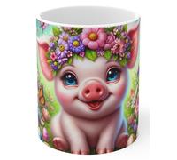 Jm-Déco Mug Cochon Mignon - Tasse en céramique avec motif fleur et printemps - Cadeau original pour femme, enfant, amoureux des animaux - 330 ml - Compatible micro-ondes et lave-vaisselle N4123