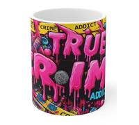 Jm-Déco Mug True Crime Addict - Tasse humour détective - Design coloré encre rose fluo - Cadeau original pour fans de séries policières et podcasts True Crime - 330 ml