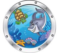 Jm-Déco Sticker hublot Enfant Trompe l'oeil Tortue Dauphin 023 Dimensions 30x30cm