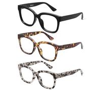 JM Lot de 3 Montures de Lunettes Carrées Surdimensionnées, Lecteur d'ordinateur Bloquant la Lumière Bleue pour Femmes Hommes, Noir/Gris/Tortue, +1.0