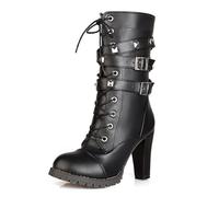 JMdfcqer Bottes À Talons Hauts pour Femme Mode Motard Bottines À Lacets avec Boucle À Bretelles Et Clous,Noir,36 EU