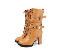 JMdfcqer Bottes À Talons Hauts pour Femme Mode Motard Bottines À Lacets avec Boucle À Bretelles Et Clous,Jaune,45 EU