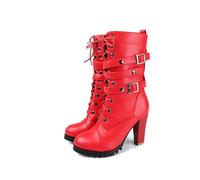 JMdfcqer Bottes À Talons Hauts pour Femme Mode Motard Bottines À Lacets avec Boucle À Bretelles Et Clous,Rouge,38 EU