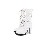 JMdfcqer Bottes À Talons Hauts pour Femme Mode Motard Bottines À Lacets avec Boucle À Bretelles Et Clous,Blanc,46 EU