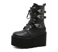 JMdfcqer Bottes et Bottines pour Femme Compensé Bout Rond Plateforme Bottes de Combat avec Boucle à Bretelles,Noir,40 EU