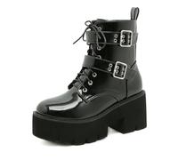 JMdfcqer Bottes pour Femmes Bout Rond Bottines en Cuir Verni Talon épais Chaussures à Plateforme avec Boucle à Bretelles,Noir,38 EU