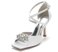 JMdfcqer Femme Traverser La Cheville Bout Ouvert Chaussures De Mariage De Mariée De Fête avec Cristal,Blanc,42 EU