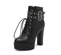 JMdfcqer Mode Bottines à Talons Hauts pour Femme Fermeture Éclair Plateforme Bottes avec Clous et Boucle à Bretelles,Noir,38 EU