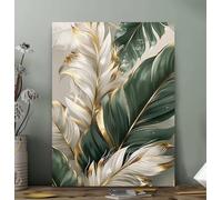 JMDMWA Tableau abstrait moderne à motif de feuilles vertes et dorées, impression sur toile pour salon, chambre, couloir, décoration intérieure (80 x 120 cm/sans cadre)