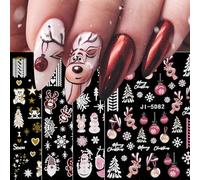 JMEOWIO 3D Noël Stickers Ongles Nail Art, Autocollants Ongles Autoadhésif 5D Deco Ongle Nail Art Design Manucure 4 Feuilles